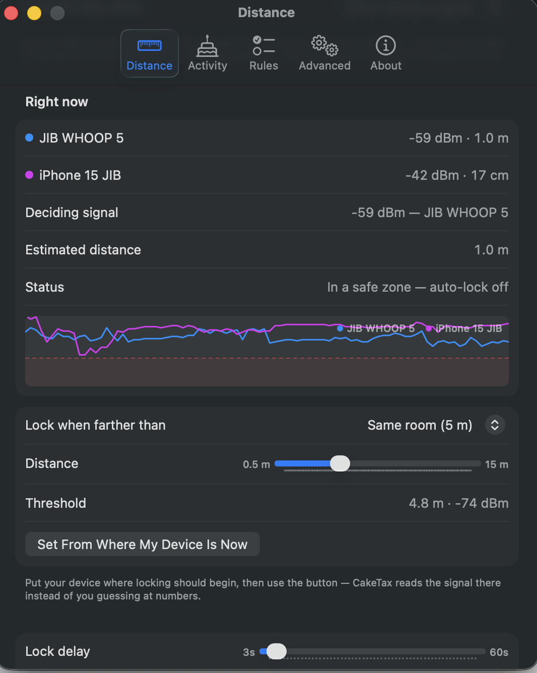 CakeTax's Distance tab: two paired devices with live signal readings, a graph of the last few minutes, and the distance slider in metres