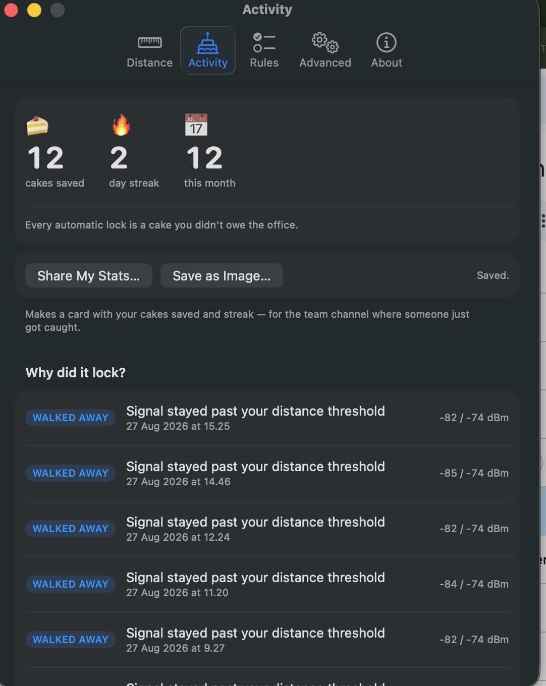 CakeTax's Activity tab, showing a list headed 'Why did it lock?' where each row gives what happened, the date and time, and the signal reading against the threshold