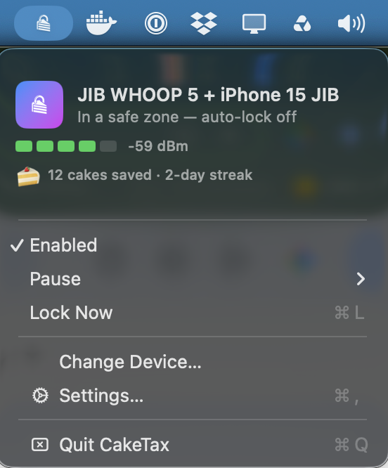 The CakeTax menu bar item open, showing the paired devices, the current signal strength, cakes saved, and the Pause and Lock Now commands
